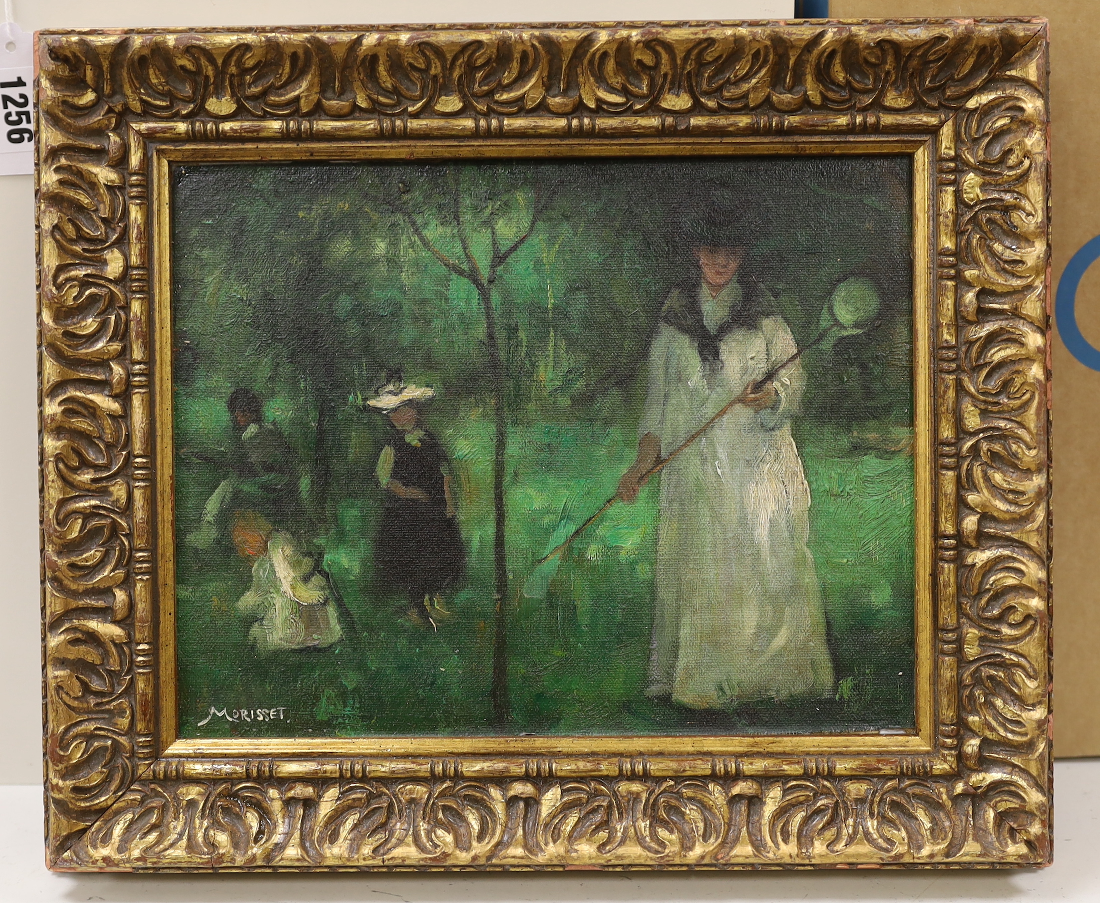 After Berthe Morisot (French 1841-1895), impressionist oil on board, Chasing butterflies, 21 x 27cm